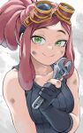  1girl absurdres bare_shoulders black_gloves boku_no_hero_academia breasts bruise crosshair_pupils fengling_(furin-jp) gloves goggles goggles_on_head hatsume_mei highres holding holding_wrench injury large_breasts long_hair looking_at_viewer medium_hair pink_hair smile solo symbol-shaped_pupils tank_top wrench yellow_eyes 