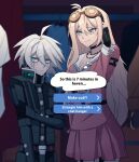  1boy 1girl ahoge android antenna_hair armor barbed_wire black_choker black_gloves blonde_hair cheer_(cheerpuppy14) choker closed_mouth cowboy_shot danganronpa_(series) danganronpa_v3:_killing_harmony english_text fingerless_gloves gloves goggles goggles_on_head green_eyes grey_hair hair_between_eyes highres iruma_miu k1-b0 long_hair miniskirt pink_shirt pink_skirt pleated_skirt power_armor shirt short_hair skirt thought_bubble 