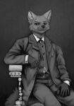  2021 anthro banoncat chain clothing collared_shirt dress_shirt eyebrows fur gloved_hands hi_res looking_at_viewer male monochrome neck_tuft painting portrait raised_eyebrow reclining shirt sitting solo suit_jacket topwear tuft 