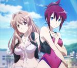  bikini bikini_top blue_eyes cloud covered_navel day eyes folded_ponytail frilled_bikini frills koumi_haruka long_hair looking_at_viewer multiple_girls navel non-web_source one-piece_swimsuit rail_wars! red_hair sakurai_aoi short_hair sky stitched swimsuit third-party_edit vest 