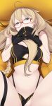  1girl aesc_(9th_anniversary)_(fate) aesc_(fate) bare_shoulders blonde_hair blue_eyes blush braid breasts cleavage clothing_aside fate/grand_order fate_(series) glasses hat highleg highleg_panties highres inamochi_keiichirou large_breasts long_hair looking_at_viewer navel official_alternate_costume out-of-frame_censoring panties panties_aside solo spread_legs thighs twin_braids underwear witch_hat 