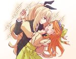  2girls alonemistrist alternate_hairstyle black_jacket black_necktie blonde_hair blush bow celine_(fire_emblem) crop_top etie_(fire_emblem) fire_emblem fire_emblem_engage green_bow green_eyes green_shirt highres jacket multiple_girls necktie orange_gemstone orange_hair shirt swept_bangs tiara 