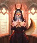  2024 anthro belt big_breasts breasts canid canine clothed clothing digital_media_(artwork) female fur glowing glowing_eyes hair hi_res huge_breasts lipstick looking_at_viewer makeup mammal nipples nun nun_outfit open_mouth prayer_hands praying red_eyes religious_clothing scarlet_side smile tail thick_thighs 
