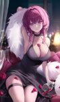  1girl alcohol alternate_costume bare_shoulders black_dress breasts cityscape cleavage cup dress drinking_glass feather_boa hair_intakes halter_dress halterneck hashtag-only_commentary highres holding holding_cup honkai:_star_rail honkai_(series) kafka_(honkai:_star_rail) large_breasts long_hair looking_at_viewer purple_eyes purple_hair sidelocks sitting smile solo thigh_strap window wine wine_glass yam_s2 