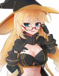  1girl aesc_(9th_anniversary)_(fate) aesc_(fate) arkchsky blonde_hair blue_eyes blush braid breasts cleavage fate/grand_order fate_(series) glasses hat large_breasts long_hair long_sleeves looking_at_viewer official_alternate_costume open_mouth smile solo twin_braids witch_hat 