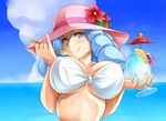  bikini_top blue_eyes blue_hair breasts cloud cocktail_umbrella day dessert drill_hair flower food fruit glass happinesscharge_precure! hat hosshiwa large_breasts lemon lemon_slice ocean pink_hat precure shaved_ice short_hair sky smile solo spoon taiyaki_a white_bikini_top 