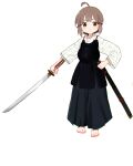  1girl absurdres ahoge barefoot brown_hair chinese_commentary closed_mouth commentary_request full_body hakama highres holding holding_sword holding_weapon japanese_clothes kuma-bound medium_hair original sheath simple_background solo standing sword toes weapon white_background yellow_eyes 