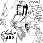  2girls absurdres alcohol baseball_cap bass_pro_shops bb_(baalbuddy) beer beer_can breasts can cigarette cleavage collarbone drink_can english_text eve_(stellar_blade) fish fishing fishing_rod glasses hat highres holding holding_fishing_rod large_breasts lily_(stellar_blade) long_hair multiple_girls one-piece_swimsuit ponytail revealing_clothes short_hair simple_background smoking speech_bubble stellar_blade sunglasses swimsuit white_background 