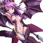  armpits dragon_girl dragon_tail heterochromia highres horns long_hair midriff navel polearm purple_eyes purple_hair purple_wings puzzle_&amp;_dragons simple_background solo sonia_(p&amp;d) spear tail ver.5 weapon white_background wings yellow_eyes 
