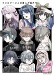  4boys 4girls :d ahoge black_hat black_jacket black_ribbon blonde_hair blue_sailor_collar brown_hair chabashira_tenko choker closed_eyes danganronpa:_trigger_happy_havoc danganronpa_(series) danganronpa_2:_goodbye_despair danganronpa_v3:_killing_harmony ghost_costume green_necktie grey_hair grey_shirt hair_between_eyes hair_ribbon hairband hat highres hinata_hajime iruma_miu jacket kirigiri_kyoko long_hair maizono_sayaka mole mole_under_mouth multiple_boys multiple_girls multiple_views naegi_makoto necktie official_alternate_costume oma_kokichi open_clothes open_jacket ribbon saihara_shuichi sailor_collar sawaki_(2d1ty) shirt smile translation_request white_sailor_collar 