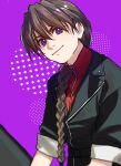  1boy artist_logo belt black_belt black_jacket braid braided_ponytail brown_hair closed_mouth commentary_request duo_maxwell gundam gundam_wing hair_between_eyes hair_over_shoulder head_tilt highres jacket lapels long_hair looking_at_viewer male_focus o-ring purple_background purple_eyes red_shirt shirt single_braid sleeves_rolled_up smile solo upper_body ususio_11 very_long_hair zipper_pull_tab 