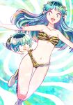  1boy 1girl 26caaan animal_print aqua_hair bare_arms bikini breasts cleavage fangs highres horns long_hair lum medium_breasts midriff navel oni open_mouth outstretched_arms pointy_ears print_bikini print_boots print_loincloth short_hair sidelocks small_horns smile swimsuit ten_(urusei_yatsura) tiger_print urusei_yatsura yellow_horns 