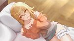  1girl alternate_costume bandaged_leg bandages bare_shoulders blonde_hair bu_weizhuang chest_tattoo chinese_commentary commentary_request genshin_impact hair_down highres long_hair long_sleeves looking_at_viewer lying no_pants off-shoulder_sweater off_shoulder on_side open_mouth orange_sweater pillow solo sweater tattoo thighs yellow_eyes yoimiya_(genshin_impact) 