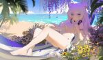  1girl absurdres arm_scrunchie azur_lane bare_shoulders barefoot beach bikini blue_eyes blue_sky breasts chinese_commentary closed_mouth commentary_request cross-shaped_pupils day double_bun expressionless feet flower hair_bun hammock headphones headphones_around_neck highres le_malin_(azur_lane) le_malin_(mercredi_at_the_secret_base)_(azur_lane) leleyoukuailele long_hair looking_at_viewer lying ocean official_alternate_costume palm_tree sand sky small_breasts solo stomach swimsuit symbol-shaped_pupils thigh_strap thighs toes tree very_long_hair water wavy_hair white_bikini white_hair 