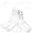  2girls chito_(shoujo_shuumatsu_ryokou) cloud greyscale helmet holding_hands long_hair monochrome multiple_girls no_headwear ripu_(lipi) shoujo_shuumatsu_ryokou sitting split_mouth unworn_headwear unworn_helmet yuuri_(shoujo_shuumatsu_ryokou) 