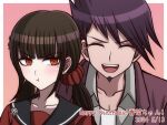  1boy 1girl :d black_sailor_collar blunt_bangs border brown_hair collarbone commentary_request danganronpa_(series) danganronpa_v3:_killing_harmony facial_hair goatee happy_birthday harukawa_maki long_hair low_twintails mole mole_under_eye momota_kaito pink_background portrait pout red_eyes red_shirt sailor_collar shirt smile spiked_hair suiren_yurei teeth translation_request twintails upper_teeth_only white_border 
