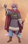  2022 anthro axe banoncat cape chainmail clothing cougar drinking_horn drunk felid feline fur greeting_viewer hi_res holding_axe holding_melee_weapon holding_object holding_sword holding_weapon horn looking_at_viewer male mammal medieval_armor medieval_clothing melee_weapon pink_body pink_fur scabbard sheathed_sword solo substance_intoxication sword weapon 