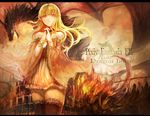  bare_shoulders blonde_hair dragon hands_clasped long_hair own_hands_together pixiv_fantasia pixiv_fantasia_fallen_kings pointy_ears rikkido text_focus thighhighs wind yellow_eyes zettai_ryouiki 