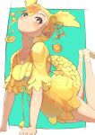  1girl absurdres blonde_hair dress fins fish_girl fish_tail green_background hair_ornament highres japanese_clothes kemono_friends kimono kinshachi_(kemono_friends) long_hair looking_at_viewer osnmykk ribbon simple_background socks solo tail yellow_dress yellow_eyes yellow_kimono yellow_socks 