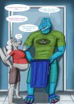 2024 2_tails 3_toes 5_fingers 5_toes absurd_res alligatorid anthro artist_logo azrael_(tertia) azurlligator baseboard belly bent_arm big_belly big_breasts blue_body blue_claws blue_door blue_eyes blue_flip_flops blue_scales blue_tail blue_wall bottomwear breasts brown_bottomwear brown_clothing brown_shorts bulging_neck canid canine canis cardboard claws clothing colored crocodilian dialogue digital_drawing_(artwork) digital_media_(artwork) door doorframe duo english_text facial_hair fangs feet female finger_claws fingers flip_flops floor fluffy fluffy_tail footwear fur green_clothing green_shirt green_t-shirt green_topwear grey_body grey_claws grey_fur grey_nose grey_tail hair hand_on_arm hand_on_butt hi_res holding_object holding_recycling_bin inner_ear_fluff inside larger_male logo long_hair long_tail male male/female mammal mayternity mayternity_2024 membrane_(anatomy) multi_tail multicolored_body multicolored_scales muscular muscular_anthro muscular_male nathile_tiduna navel neck_tuft open_mouth open_smile paws pink_tongue pockets pupils recycling_bin recycling_symbol red_clothing red_shirt red_t-shirt red_topwear reptile sandals scales scalie scar scutes shaded shirt shorts size_difference skywater slit_pupils smaller_female smile smiling_at_each_other smiling_at_partner speech_bubble standing t-shirt tail talking_to_another talking_to_partner teal_bottomwear teal_clothing teal_shorts teeth text text_on_clothing tile tile_floor toe_claws toes tongue topwear tuft wall_(structure) webbed_feet webbed_hands white_hair white_inner_ear_fluff wolf yellow_scutes