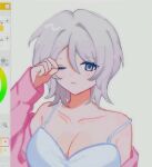  1girl art_program_in_frame blue_eyes bra breasts cleavage collarbone faust_(project_moon) hand_up jacket large_breasts limbus_company long_sleeves mokapome pink_jacket project_moon short_hair simple_background solo underwear upper_body white_background white_bra white_hair 
