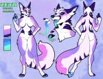  absurd_res anthro big_breasts black_sclera blue_pawpads breasts butt butt_heart canid canine dipstick_tail featureless_breasts featureless_crotch female fox fur glowing glowing_eyes glowing_tongue hand_on_hip heart_symbol hi_res inner_ear_fluff long_ears long_tail long_tongue mammal markings model_sheet multicolored_body multicolored_fur multicolored_tongue neck_tuft open_mouth pawpads pink_body purple_markings solo striped_markings stripes tail tail_markings thick_thighs tongue tuft unknown_artist white_body white_fur zeta_(fox) 