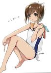  bad_id bad_pixiv_id bare_shoulders barefoot blush brown_eyes brown_hair i-401_(kantai_collection) kantai_collection one-piece_swimsuit open_mouth ponytail popsicle_stick saikawa_yusa sailor_collar sailor_one-piece_swimsuit school_swimsuit school_uniform short_hair short_ponytail simple_background sitting solo swimsuit swimsuit_under_clothes tan translated white_background wrapper 