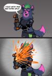  absurd_res anthro canister clothed clothing comic commanderthings dialogue epic_games female fortnite gloves handwear hi_res hyena mammal open_mouth scarr_(fortnite) solo splash 