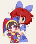  2girls asymmetrical_gloves blue_eyes blue_gloves blush_stickers brown_hair colored_skin gloves hat highres jester_cap mismatched_gloves multicolored_eyes multiple_girls pomni_(the_amazing_digital_circus) puffy_short_sleeves puffy_sleeves ragatha_(the_amazing_digital_circus) red_eyes red_gloves red_hair short_hair short_sleeves the_amazing_digital_circus white_skin yawaraka_meteor 
