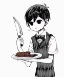  1boy black_bow black_bowtie black_eyes black_hair black_sweater_vest bow bowtie collared_shirt colored_skin food holding holding_knife holding_plate knife maromichan omori omori_(omori) plate shirt short_hair short_sleeves simple_background solo steak sweater_vest white_background white_skin 