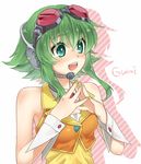  :d bad_id bad_pixiv_id bare_shoulders character_name chroma_(chroma000) fingers_together goggles goggles_on_head green_eyes green_hair gumi headphones open_mouth short_hair short_hair_with_long_locks sidelocks smile solo steepled_fingers vocaloid 