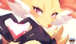  black_fur character_name close-up heart heart_hands logo looking_at_viewer multicolored_fur pokemon pokemon_(creature) pokemon_unite red_eyes red_fur simple_background solo suahh white_background white_fur yellow_fur 