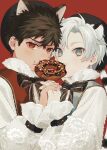  2boys animal_ears black_hair blue_eyes blush bow bowtie commentary_request dog_ears doughnut eating food highres holding_hands implied_yaoi long_sleeves mege_(megechan) multiple_boys original red_eyes short_hair tagme tiger_ears white_hair 