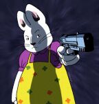  anthro cake_top clothed clothing digital_media_(artwork) female gun handgun holding_gun holding_object holding_ranged_weapon holding_weapon lagomorph leporid looking_at_viewer mammal max_and_ruby pointing_gun rabbit ranged_weapon rosemary_wells ruby_(max_and_ruby) simple_background solo weapon 