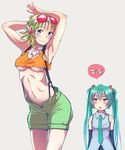  armpits arms_behind_head arms_up blush breasts covered_nipples crop_top crop_top_overhang detached_sleeves goggles goggles_on_head green_hair grey_background gumi hatsune_miku headphones highres jitome long_hair medium_breasts megpoid_(vocaloid3) midriff multiple_girls navel neckerchief necktie purple_eyes shirt short_hair shorts simple_background sleeveless small_breasts smile speech_bubble suspenders thigh_gap triangle_mouth twintails underboob vocaloid wokada 