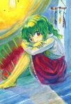  1girl ascot bare_legs barefoot closed_mouth crossed_arms green_hair highres kazami_yuuka long_sleeves medinki medium_hair official_style painting_(medium) plaid plaid_skirt red_eyes red_skirt shirt sitting skirt smile solo touhou traditional_media watercolor_(medium) wavy_hair white_shirt yellow_ascot zun_(style) 