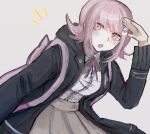  1girl :o backpack bag black_jacket black_shirt blush brown_skirt danganronpa_(series) danganronpa_2:_goodbye_despair dress_shirt flipped_hair highres jacket medium_hair nanami_chiaki open_clothes open_jacket pink_bag pink_eyes pink_hair pleated_skirt shirt skirt solo teeth two-tone_shirt upper_teeth_only white_shirt yuki_(nobu_oisii5) 