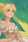  bad_id bad_pixiv_id bead_bracelet beads bishoujo_senshi_sailor_moon blonde_hair blue_eyes bracelet crescent double_bun dress facial_mark forehead_mark green_background hands_clasped highres jewelry long_hair own_hands_together princess_serenity siann solo strapless strapless_dress tsukino_usagi twintails white_dress 