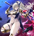  1girl armor artoria_pendragon_(fate) artoria_pendragon_(lancer_alter)_(fate) blonde_hair breasts cleavage commission dark_rhongomyniad emanon123_77l fate/grand_order fate_(series) gauntlets horns looking_at_viewer navel one_eye_closed shoulder_armor skeb_commission solo thighs underwear yellow_eyes 