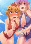  bent_over blonde_hair blue_sky blue_swimsuit blush breasts brown_hair cleavage cloud collarbone day embarrassed gradient_hair hair_ornament hijiri_byakuren large_breasts long_hair multicolored_hair multiple_girls navel navel_cutout open_mouth pink_eyes purple_eyes purple_hair red_swimsuit sideboob sky smile streaked_hair suikamaru sweat swimsuit tears toramaru_shou touhou very_long_hair wavy_mouth 