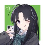  1girl awa_subaru black_hair black_jacket blue_bow blue_bowtie bow bowtie cellphone closed_mouth commentary_request girls_band_cry green_background hair_ribbon heart holding holding_phone jacket long_hair long_sleeves looking_at_viewer one_eye_closed phone purple_eyes ribbon selfie shirt simple_background sleeves_past_wrists smartphone solo taking_picture tongue tongue_out white_ribbon white_shirt yun_cao_bing 