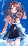  1girl absurdres akebisousaku blue_eyes blue_ribbon blue_sky blush brown_hair cloud gakuen_idolmaster hanami_saki hatsuboshi_gakuen_school_uniform highres idolmaster jacket long_hair looking_at_viewer pink_jacket ribbon school_uniform skirt sky smile solo 