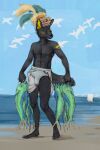 2023 abs anthro anubian_jackal avian banoncat beach bird black_body black_fur boat bottomwear bulge canid canine canis clothing fish fisherman fur headgear headwear hi_res iamale jackal loincloth looking_aside male mammal marine sail sky solo underwear vehicle watercraft