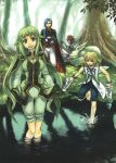  1girl 3boys absurdres animal black_cape blonde_hair blue_eyes blue_hair blue_pants bracelet brown_hair cape crossed_arms dress forest green_dress green_eyes green_hair green_pants highres hitoshi_ichimura jewelry kratos_aurion lake long_hair long_sleeves low_ponytail martel_(tales) mithos_yggdrasill multiple_boys nature noishe on_grass open_mouth pants scan shoes sidelocks sitting smile spiked_hair splashing sweatdrop tales_of_(series) tales_of_symphonia tree unworn_shoes very_long_hair wading white_pants yuan_(tales) 