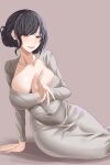  1girl absurdres alternate_hairstyle black_hair blush bra_visible_through_clothes breasts cleavage collarbone covered_navel dongtan_dress dress elsa_granhilte grey_dress highres huge_breasts knee_up leaning_to_the_side lips long_hair long_sleeves looking_at_viewer meme_attire mole mole_under_eye on_floor parted_lips purple_eyes re:zero_kara_hajimeru_isekai_seikatsu scoop_neck simple_background smile solo taut_clothes taut_dress tight_clothes tight_dress ve666ve 