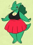 animate_inanimate anthro anthrofied bottomwear breasts cleavage clothed clothing curvy_figure eyes_closed female green_background green_body green_hair hair hi_res living_plushie nerdyreindeer nintendo pleated_skirt plushie pokemon seam_(sewing) simple_background skirt slightly_chubby smile solo substitute_doll thick_thighs voluptuous wide_hips