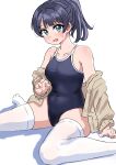  1girl absurdres black_one-piece_swimsuit blue_eyes blue_hair blush breasts brown_cardigan cardigan cardigan_partially_removed collarbone commentary competition_school_swimsuit covered_navel dark_blue_hair ereka foot_out_of_frame high_ponytail highres link!_like!_love_live! love_live! medium_breasts medium_hair murano_sayaka one-piece_swimsuit open_cardigan open_clothes school_swimsuit shadow simple_background sitting solo sweatdrop swimsuit thighhighs virtual_youtuber wariza white_background white_thighhighs 