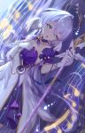  1girl absurdres aqua_eyes asymmetrical_gloves bracelet detached_sleeves dress earrings gloves hair_between_eyes halo head_wings highres holding holding_staff honkai:_star_rail honkai_(series) jewelry kaede_uehara long_hair looking_at_viewer lying musical_note on_back parted_lips purple_dress purple_hair robin_(honkai:_star_rail) short_sleeves staff two-tone_dress uneven_gloves white_dress white_gloves white_wings wings 