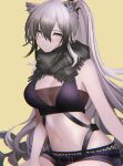  1girl absurdres animal_ears arknights bare_shoulders black_scarf black_shorts breasts cat_ears cleavage crop_top grey_eyes grey_hair highres large_breasts long_hair looking_at_viewer midriff navel scarf schwarz_(arknights) short_shorts shorts sleeveless solo stomach upper_body very_long_hair yellow_background yunnasu 