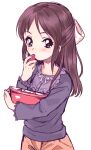  1girl amezawa_koma blush bow bowl brown_eyes brown_hair eating food fruit hair_bow holding holding_bowl idolmaster idolmaster_cinderella_girls looking_at_viewer shirt simple_background solo strawberry tachibana_arisu upper_body white_background 